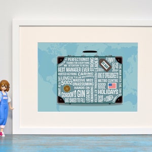 Koffer gepersonaliseerde woordkunstdruk of canvas, koffer aangepaste typografische print, vertrek, pensioen, bedankje
