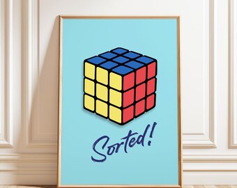 Rubiks Cube print, Fun Wall art for Boys and Girls, Puzzle Lover Poster, Gallery Wall art, Bold Type Poster, Retro Style, Hallway print