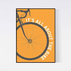 Puede incluir: Una ilustración en blanco y negro de una rueda de bicicleta con el texto "It's all about the bike" sobre un fondo amarillo.