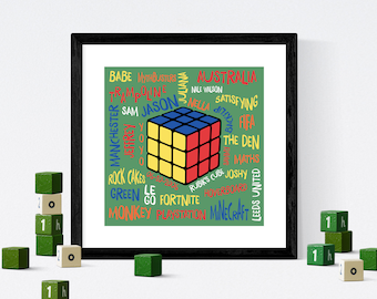 Rubik's Cube Personalised Word Art Print or Canvas, Rubik's Cube Customised Typographic print, Birthday Boy Girl Gift, Game