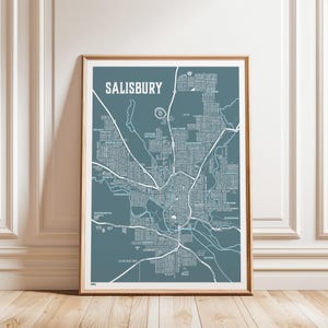 Può includere: Stampa su mappa incorniciata di Salisbury, con una planimetria stradale dettagliata in bianco su sfondo verde acqua. Il nome della città è in alto. La stampa è in una cornice di legno, adatta all'arredamento.
