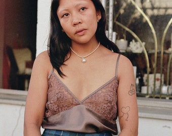 Vintage Silky Taupe Lace Camisole Tank Top | Size Small