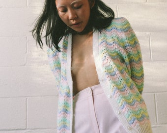 Vintage Hand Knit Pastel Cardigan Sweater | Balloon Sleeve