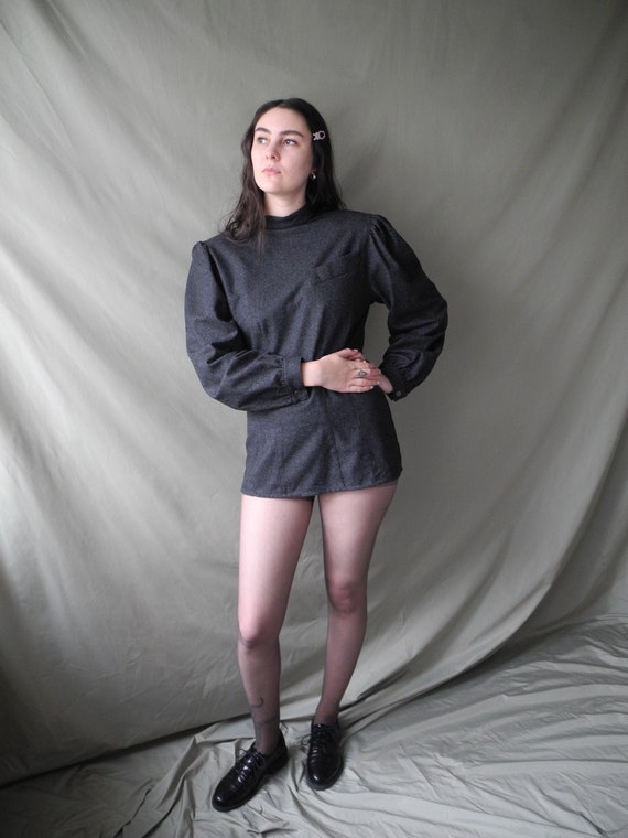 Vintage Grey Wool Puff Sleeve Blouse | Medium