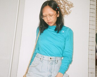 Vintage Blue Puff Shoulder Button Neck Shirt | XS