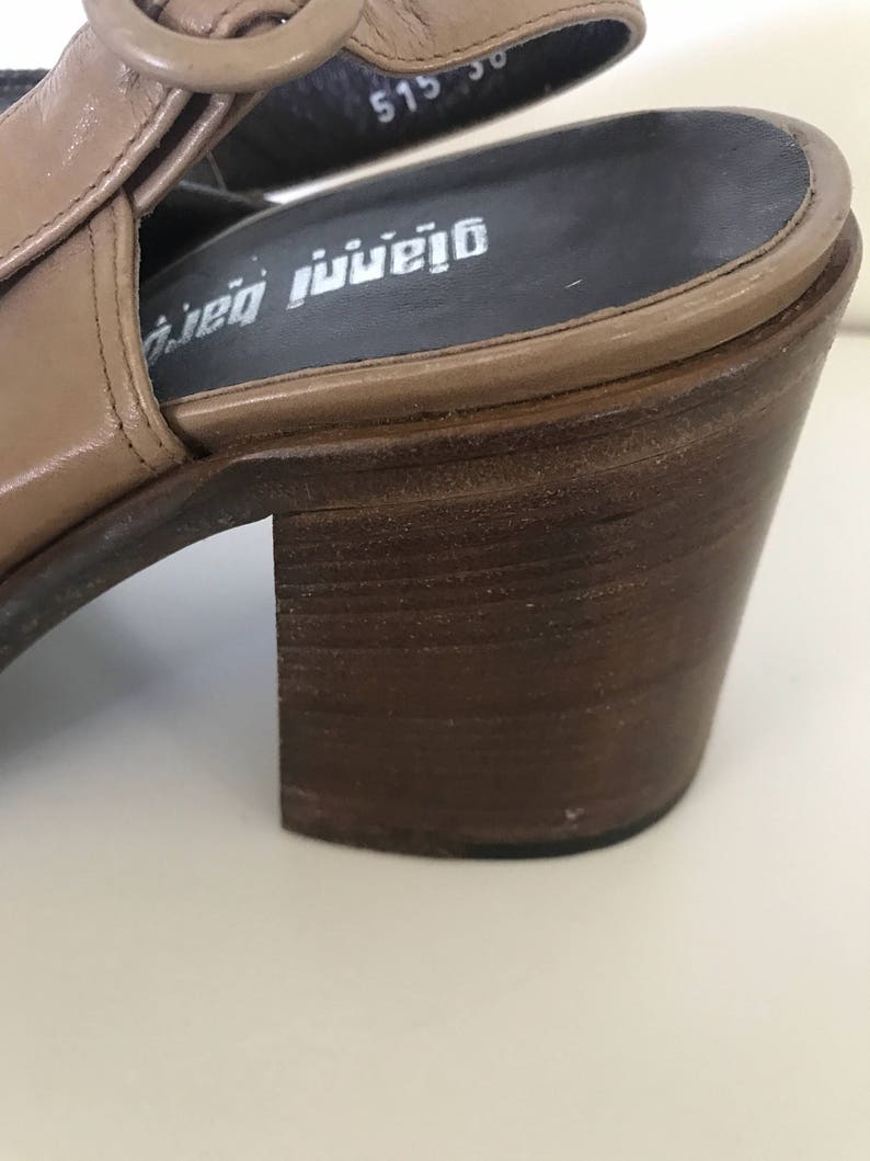 Vintage Taupe Italian Leather Chunky Leather Sole and Heel Sling Back Sandals with round buckles Size 38