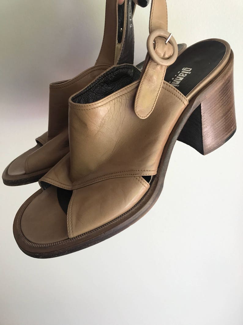 Vintage Taupe Italian Leather Chunky Leather Sole and Heel Sling Back Sandals with round buckles Size 38