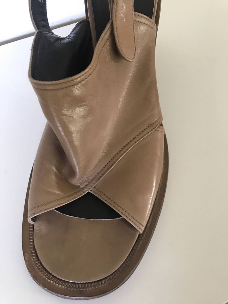 Vintage Taupe Italian Leather Chunky Leather Sole and Heel Sling Back Sandals with round buckles Size 38