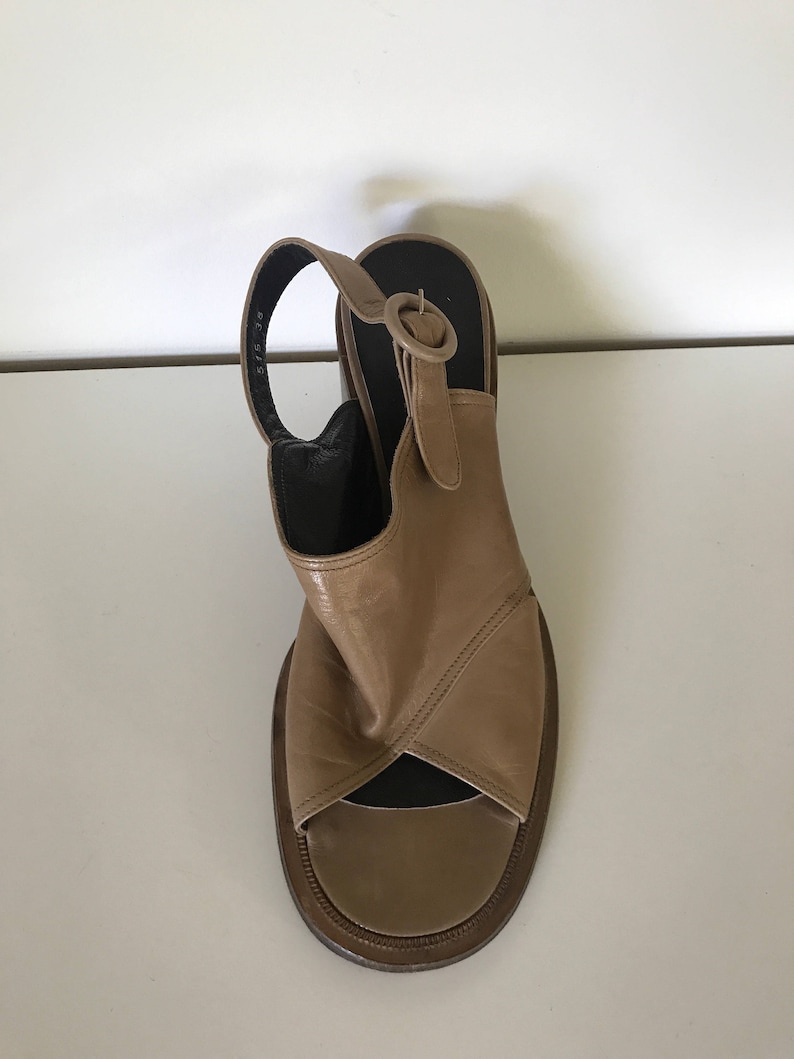 Vintage Taupe Italian Leather Chunky Leather Sole and Heel Sling Back Sandals with round buckles Size 38