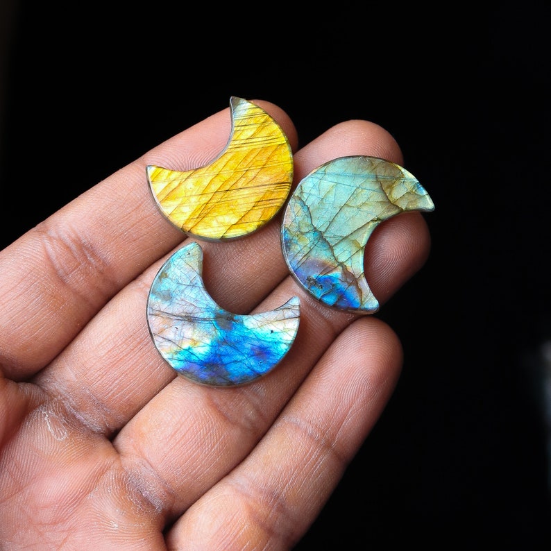 3pcs 85Cts. 29X16mm 100% Natural Multi Fire Labradorite Moon Smooth Hand Polish Wire Wrapped Pendant Making Fire Moon Shape Gemstone SKU174 image 1