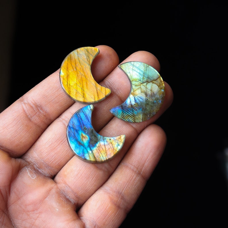 3pcs 85Cts. 29X16mm 100% Natural Multi Fire Labradorite Moon Smooth Hand Polish Wire Wrapped Pendant Making Fire Moon Shape Gemstone SKU174 image 2