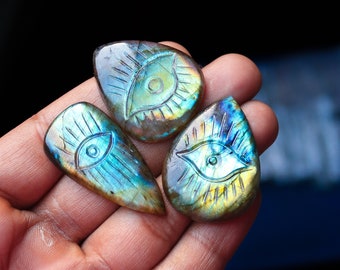 3pcs 165Cts. 40X29mm 100% Natural Multi Fire Carved Evil Eye Labradorite Smooth Hand Polish Wire Wrapped Pendant Making Fire Gemstone SKU156