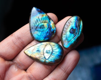 3pcs 177Cts. 40X27mm 100% Natural Multi Fire Carved Evil Eye Labradorite Smooth Hand Polish Wire Wrapped Pendant Making Fire Gemstone SKU163