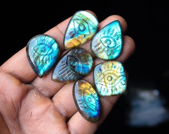 6pcs 187Cts. 33X22mm 100% Natural Multi Fire Carved Evil Eye Labradorite Smooth Hand Polish Wire Wrapped Pendant Making Fire Gemstone SKU169