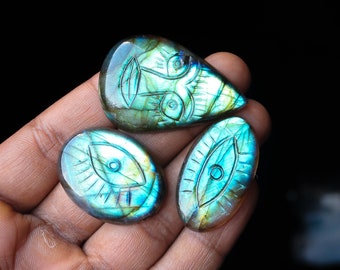 3pcs 184Cts. 46X30mm 100% Natural Blue Fire Carved Evil Eye Labradorite Smooth Hand Polish Wire Wrapped Pendant Making Fire Gemstone SKU168