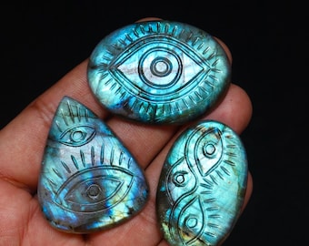 Cabujones de labradorita tallados con efecto ojo malvado: piedras preciosas naturales de destello azul (3 unidades)