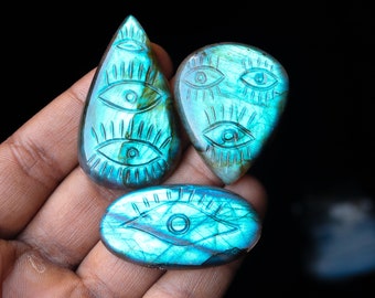 3pcs 187Cts. 50X30mm 100% Natural Blue Fire Carved Evil Eye Labradorite Smooth Hand Polish Wire Wrapped Pendant Making Fire Gemstone SKU167