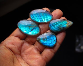 4pcs 255Cts. 42X27mm 100% natural blue fire labradorite cabochons mix shapes smooth hand polish wire wrapped pendant making gemstone SKU23
