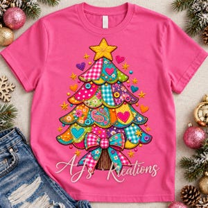 Patchwork Christmas Tree T-Shirt | Colorful Quilted Style Holiday Graphic Tee