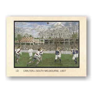 Cartão de futebol. Cartões de arte de futebol australiano. Cartão nº 2, Carlton x South Melbourne, Grande Final da VFL de 1907, MCG / Arte de DJ Williams.