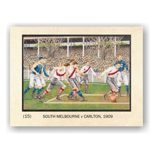 Fußball Karte. Australischer Fußball. Karte #15, South Melfinger gegen Carlton, 1909 VFL Grand Final, MKG / Artwork DJ Williams.