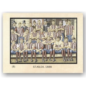 Fußball Karte. Australischer Fußball. Card # 8, St. Kilda Team, 1888 / Geschichte der Aussie Regeln / Original Zeichnung von DJ Williams.