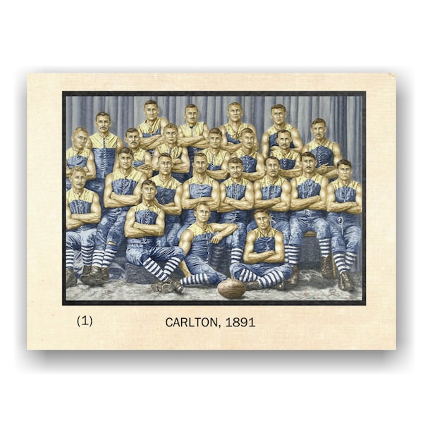 Football Card. Australian Football Art Cards. Card # 1, Carlton Team, 1891 / Aussie rules history / Original artwork by DJ Williams.
