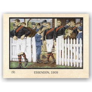 Fußball Karte. Australischer Fußball. Card # 9, Essendon Players, 1909häkelt Kartensteckbrief / Fussballgeschichte / Original Zeichnung von DJ Williams.