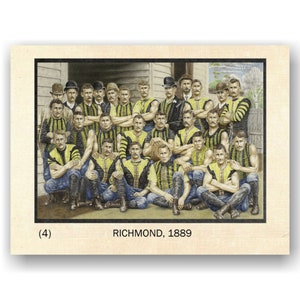 Cartão de futebol. Cartões de arte do futebol australiano. Cartão nº 4, Richmond Team, 1889 / História das regras australianas / Arte original de DJ Williams.