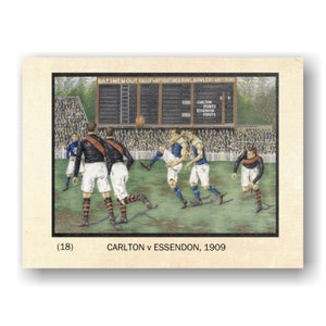 Cartão de futebol. Cartões de arte de futebol australiano. Cartão nº 18, Carlton x Essendon, 1909 Semifinal, MCG / Arte original de DJ Williams.