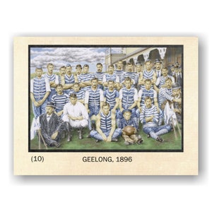 Cartão de futebol. Cartões de arte de futebol australiano. Cartão nº 10, Geelong Team, 1896, Corio Oval / Cartões esportivos / Arte de história do futebol DJ Williams.