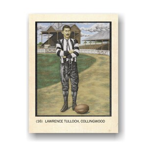Cartão de futebol. Cartões de arte do futebol australiano. Cartão nº 16, capitão da primeira divisão Collingwood 1902/03 / Arte original de DJ Williams.