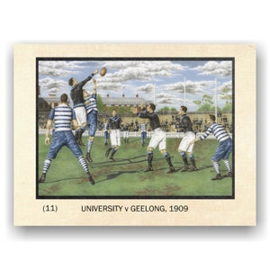 Fußball Karte. Australischer Fußball. Karte #11, Geelong v Universität, 1909 Embolie / VFL Geschichte / Sportkarten / Kunst von DJ Williams.