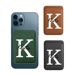 Tarjetero de cuero personalizado con nombre de monograma, texto grabado personalizado, impresión en billetera, regalos, logotipo de ocasión para iPhone con cargador
