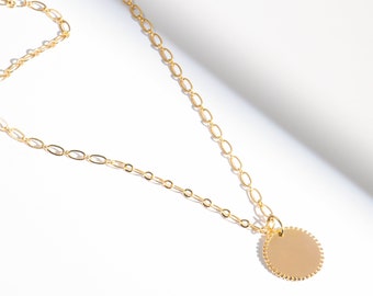 Curb chain necklace and round serrated medallion necklace - 3 micron gold plated