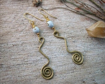 Adlai Seed Brass Swirl Earrings, Handmade Boho Tribal Jewelry