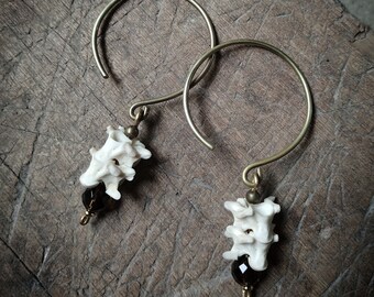 Snake Bone Hoop Earrings, Brass, Smoky Quartz, Tribal Jewelry