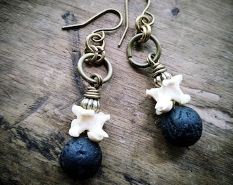 Snake Bone and Lava stone Drop Earrings, Dangle Earrings, Gothic Jewelry