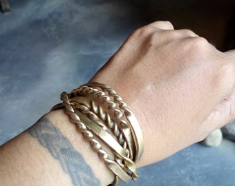 Hammered Brass Bangle Set (6pcs), Rustic Tribal Jewelry