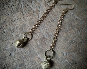 Tboli Bell Chain Earrings, Handmade Brass Dangle Earrings