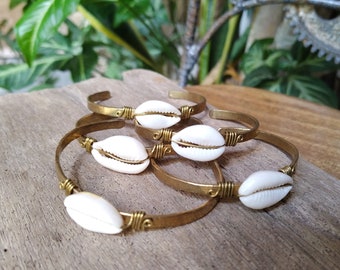 Cowrie Adjustable Brass Bangle/Ocean Child Jewelry