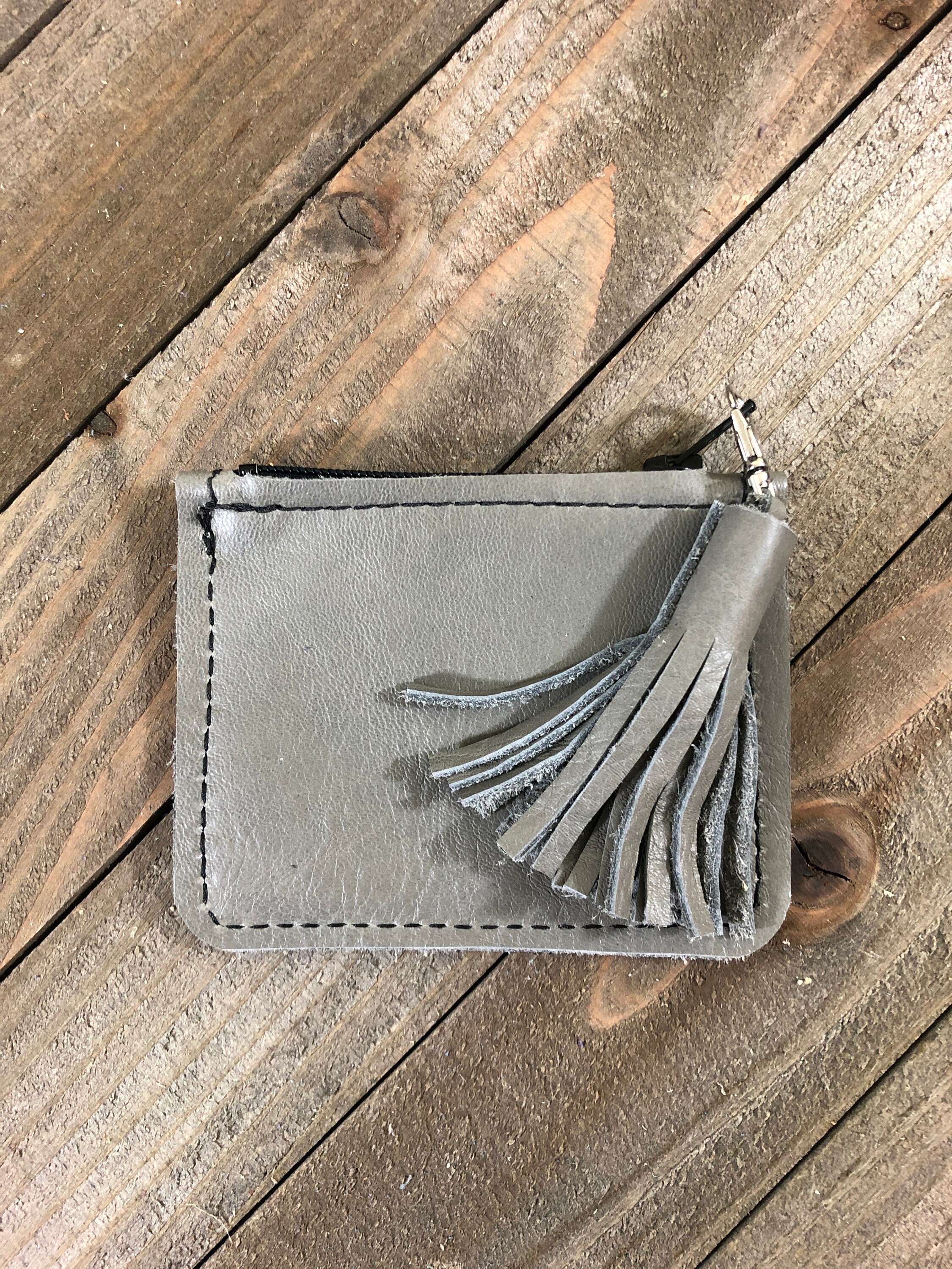 Gray Leather Zip Coin Purse With Tassel Handmade Genuine Etsy UK