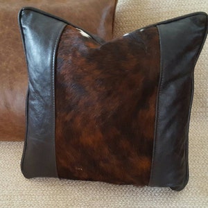 Hair on Hide and Brown Leather Accent Pillow 20&quot;x20&quot; GenuineLeather Throw Pillow,Decorative Hair on Hide Throw Pillow, Western Accent Pillow