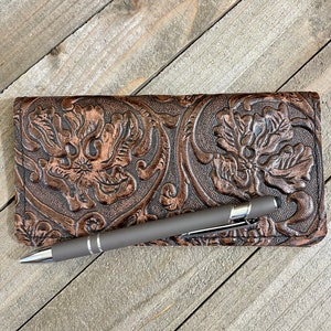 Western Genuine Leather Checkbook Cover, Brown Leather Duplicate Checkbook Cover
