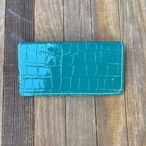 Genuine Leather Checkbook Cover, Leather Duplicate Checkbook Cover, Embossed Teal Green Patent Italian Leather Checkbook Cover