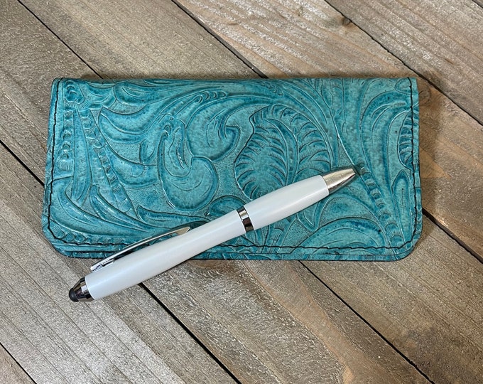 Genuine Leather Checkbook Cover, Handmade Blue Leather Checkbook Cover
