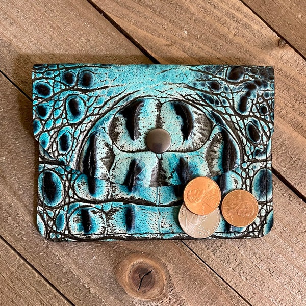 Blue Gator Embossed Leather Coin Purse, Handmade Genuine Leather Business Card Holder, Snap Coin Purse, ID Card Holder Leather, Gift For Her