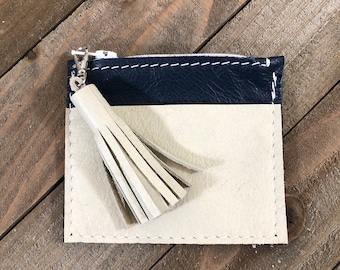 Blue Leather Zip Coin Purse With Tassel, Handmade Genuine Leather Coin Purse