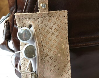 Genuine Leather Earbud Pouch Zipper Coin Purse Leather Zipper Pouch Leather Purse Accessory Beiger and Gold Suede Coin Pouch