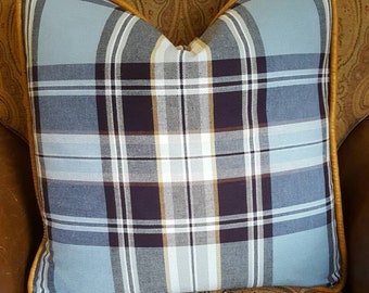 Blårutig plädkudde 20 x 20 cm, örngott 20x20, dekorativ plädkudde i dun/fjäder